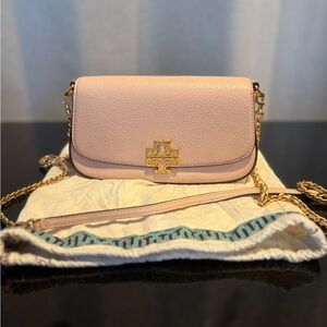Authentic Tory Burch Britten Pink Pebbled Leather Gold Chain Crossbody bag